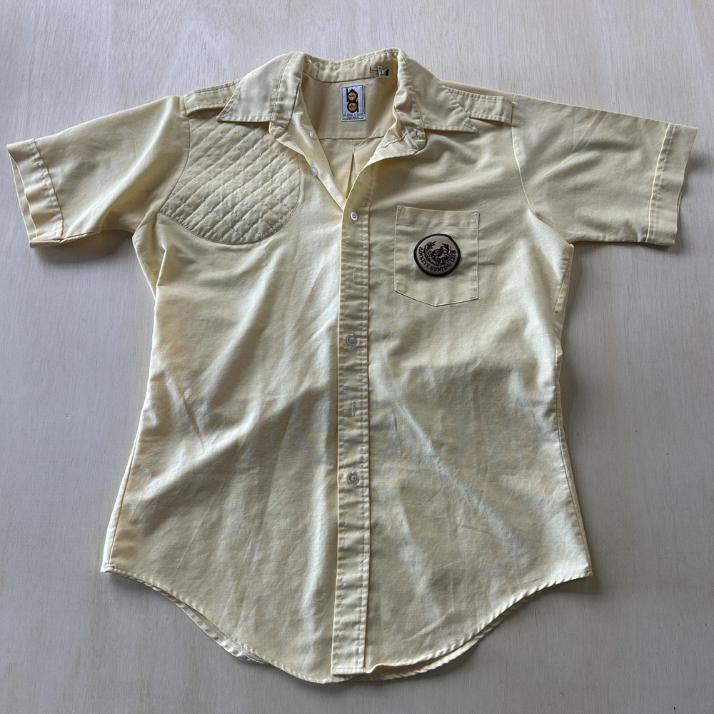 Vintage Bob Allen Mens XL Yellow Short Sleeve Button Up Hawkeye Hunting Club